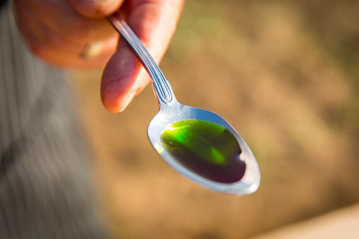 a close up view of a spoonful of Basil Oil