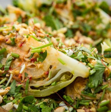 Coal Roasted Cabbage with Spicy Peanut Vinaigrette and topped with dried chile thread and mint oil