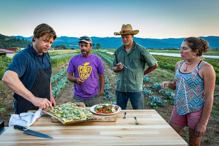 Digging into the Summer Squash Fritters and Raw Vegetable Carpaccio with the farmers of Cosmic Apple Gardens