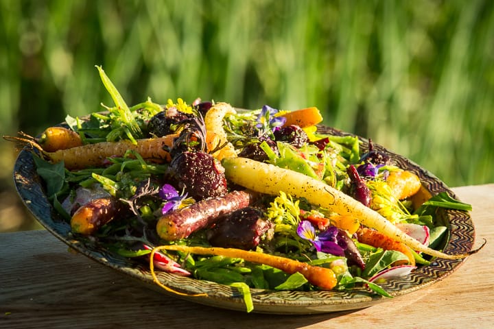 The vibrant Eat the rainbow salad bursting with color from orange-roasted beets, grilled carrots, crispy radishes and snow peas, dark greens, and fresh herbs