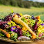 The vibrant Eat the rainbow salad bursting with color from orange-roasted beets, grilled carrots, crispy radishes and snow peas, dark greens, and fresh herbs
