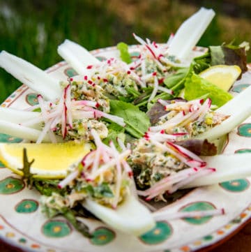 A plate covered in a bed of lettuce and seven bok choy stems carved into edible chinese soup spoons topped with a mixture of smoked trout, freshly grated horseradish and crème fraiche. A pinch of julienned matchsticks of radish add a pop of color on top.