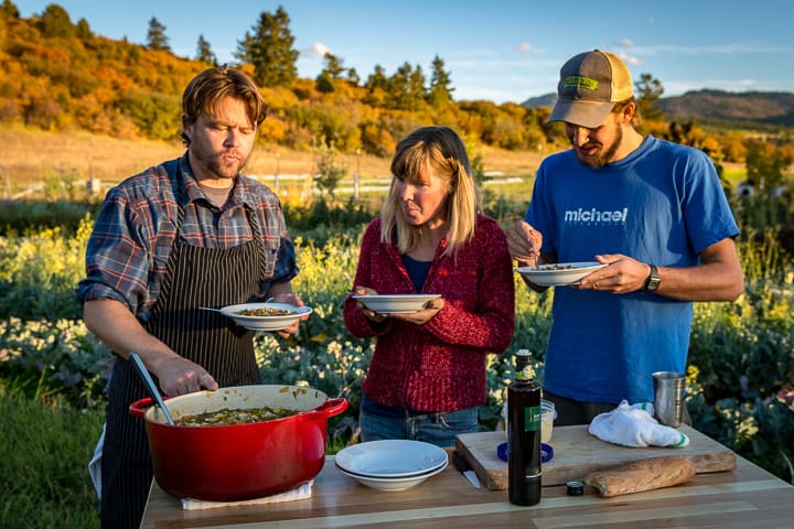 Erika and Ken of Full Circle Farm taste the garden vegetable Minestrone soup with Eric