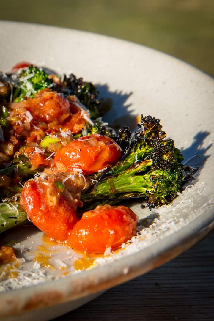 Grilled Broccoli with Blistered Tomato Pan Vinaigrette and grated parmesan