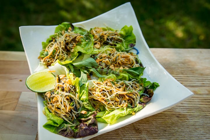 Large leaves of lettuce wrap around grilled shiitake mushrooms and Thai chicken topped with rice noodles, carrots and fresh herbs 