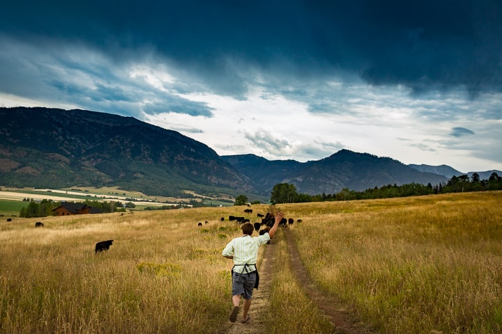 Chef Eric Wilson running away down a dirt road after some cows in the background. A stormy sky and mountains loom over the horizon