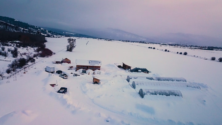 Full Circle Farm is covered in a blanked of white snow. The green houses are almost buried and the mountains in the background disappear into the clouds 